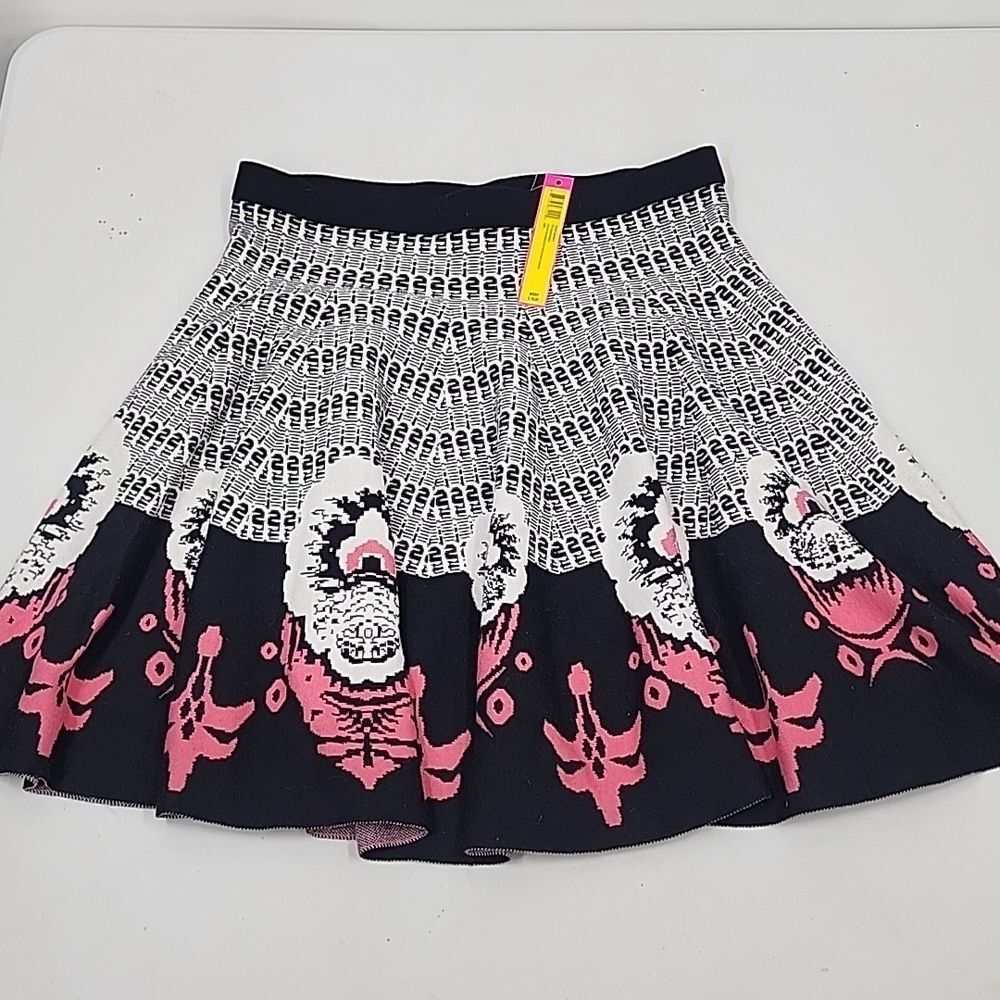 Catherine Malandrino Floral Knit A Line Sweater Skirt Pink Black L NWT